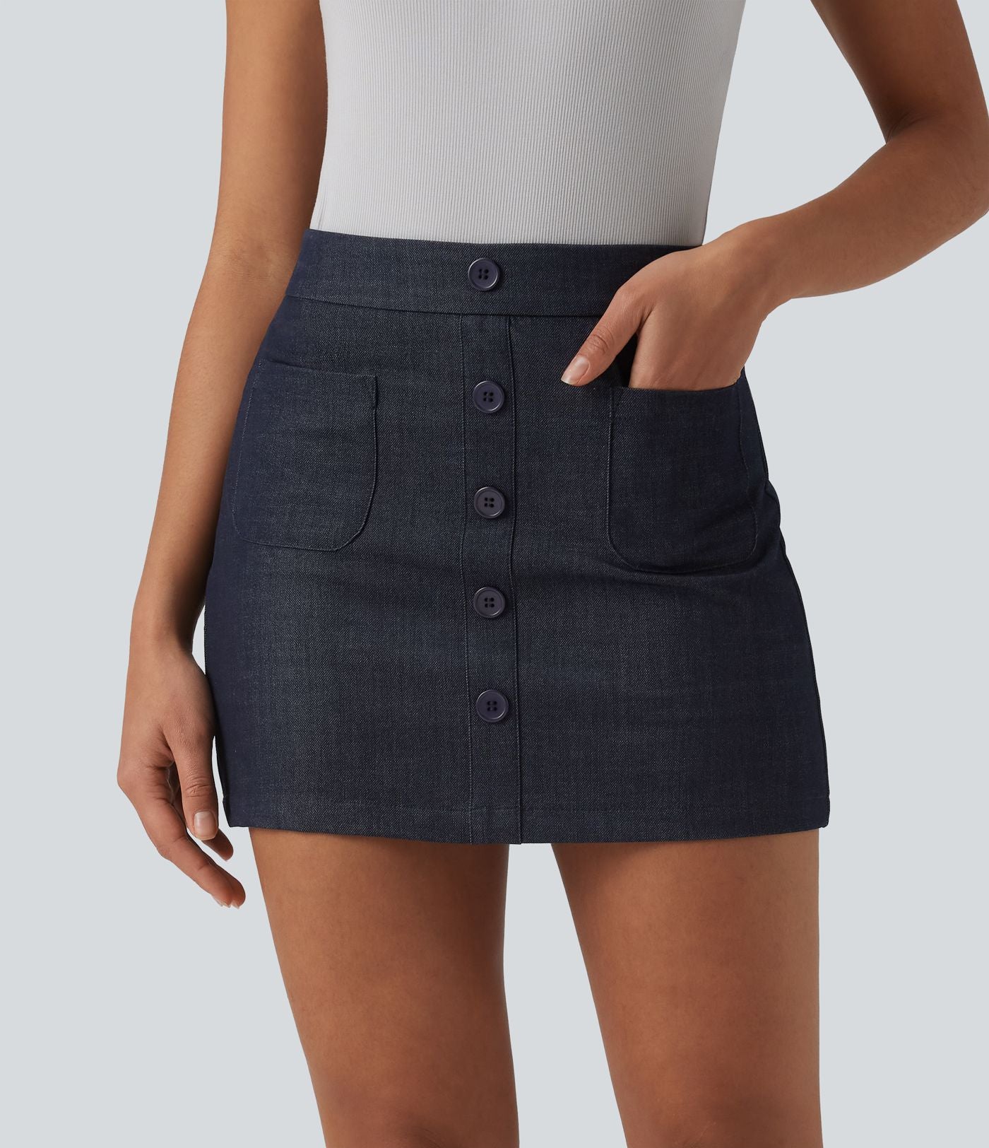 Jupe mini casual 2-en-1 moulante taille haute effet denim avec fermeture éclair invisible et poches