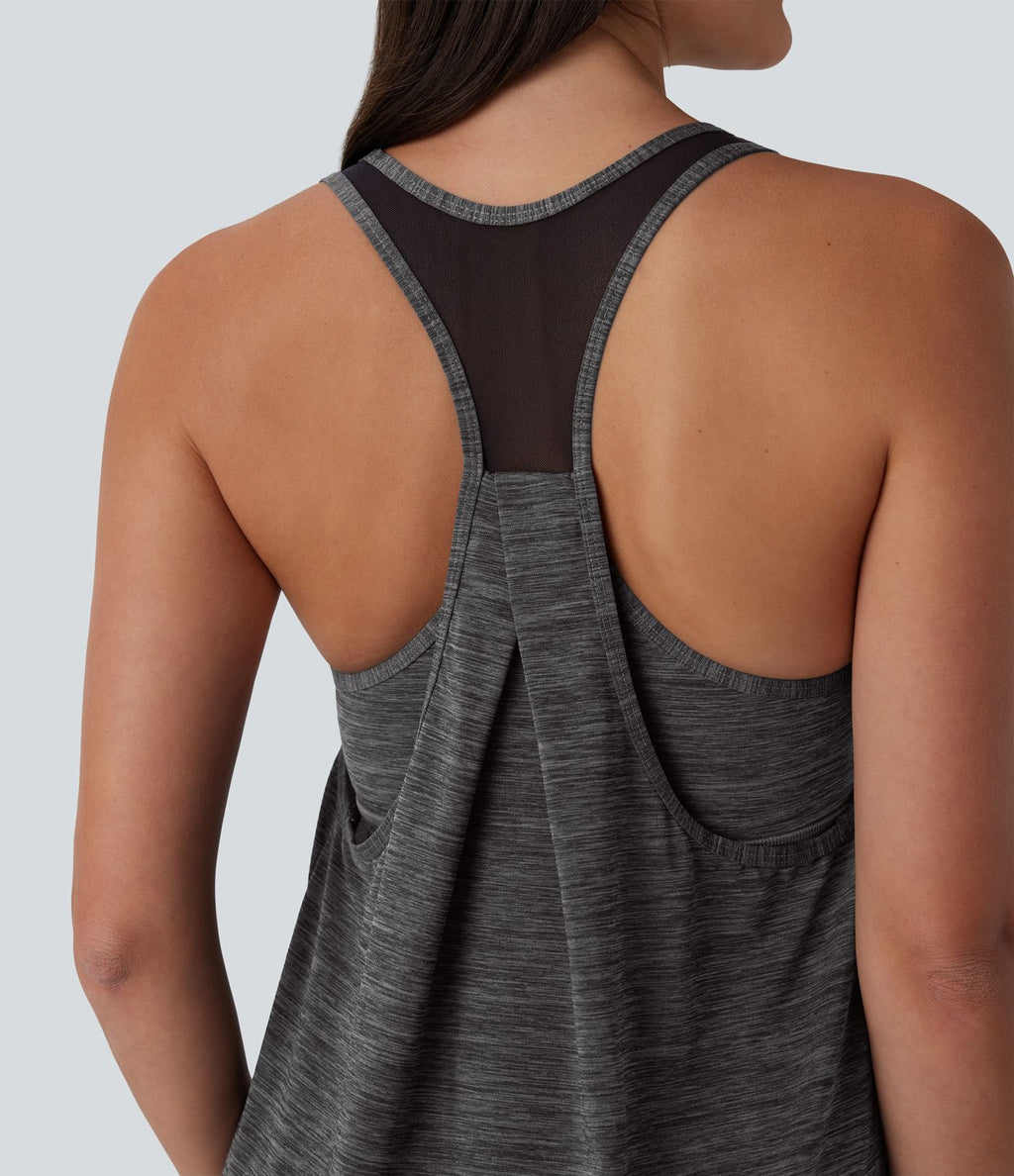 Robe active de yoga mini 2 pièces à encolure en U, dos nu, dos nageur, maille contrastante et poche latérale