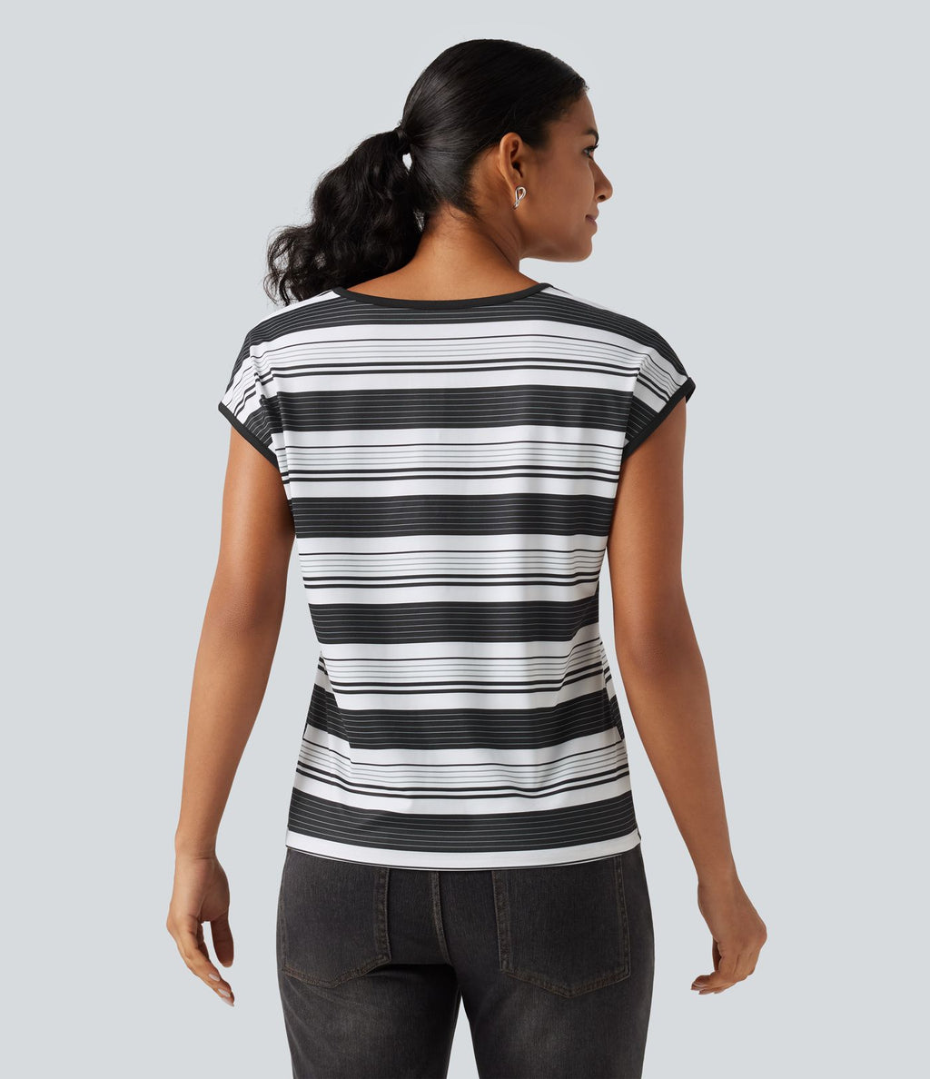 T-shirt décontracté à rayures, col en V et manches courtes