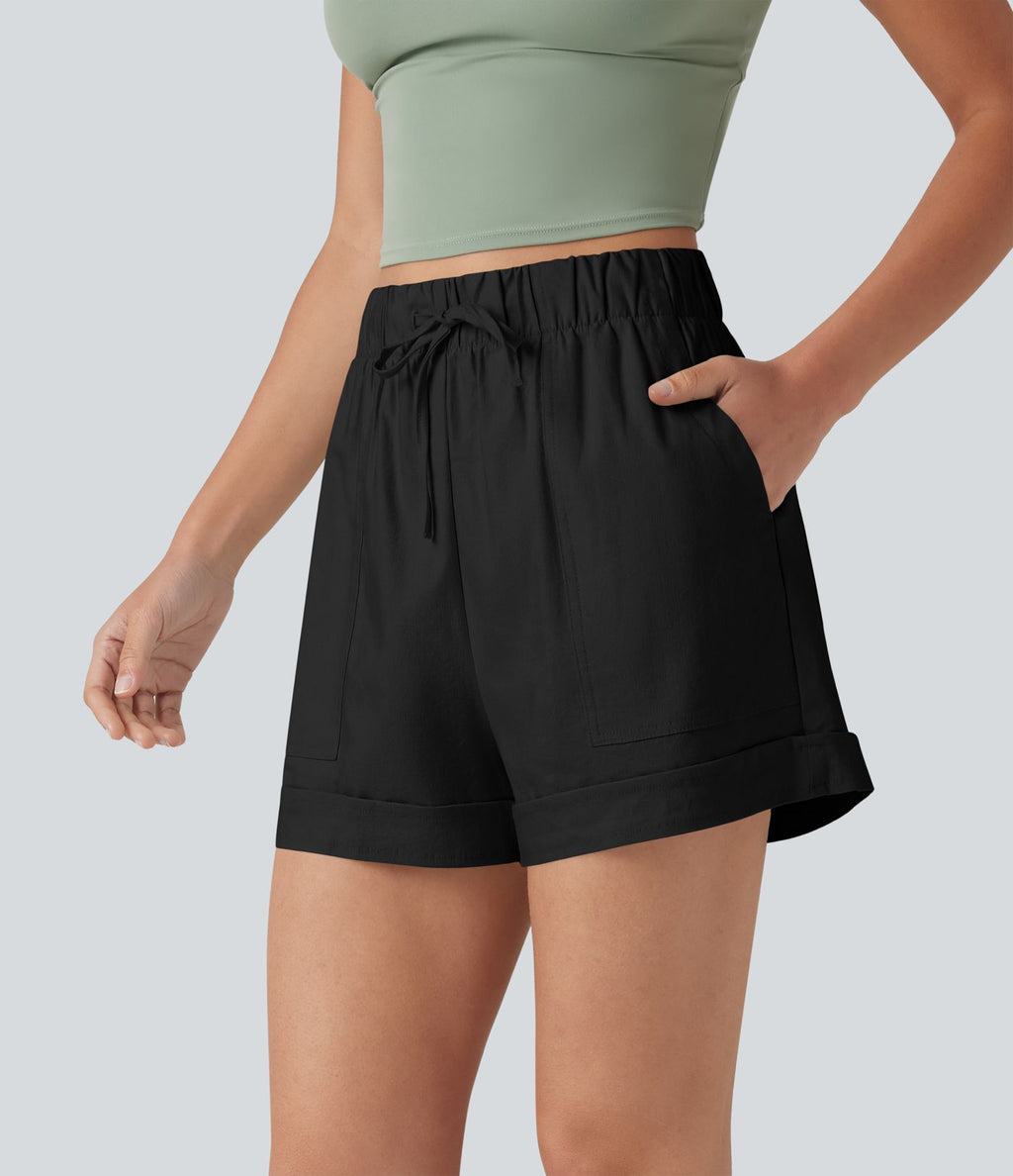 Short ample décontracté taille haute en coton et lin, cordon de serrage, ourlet retroussé et poches