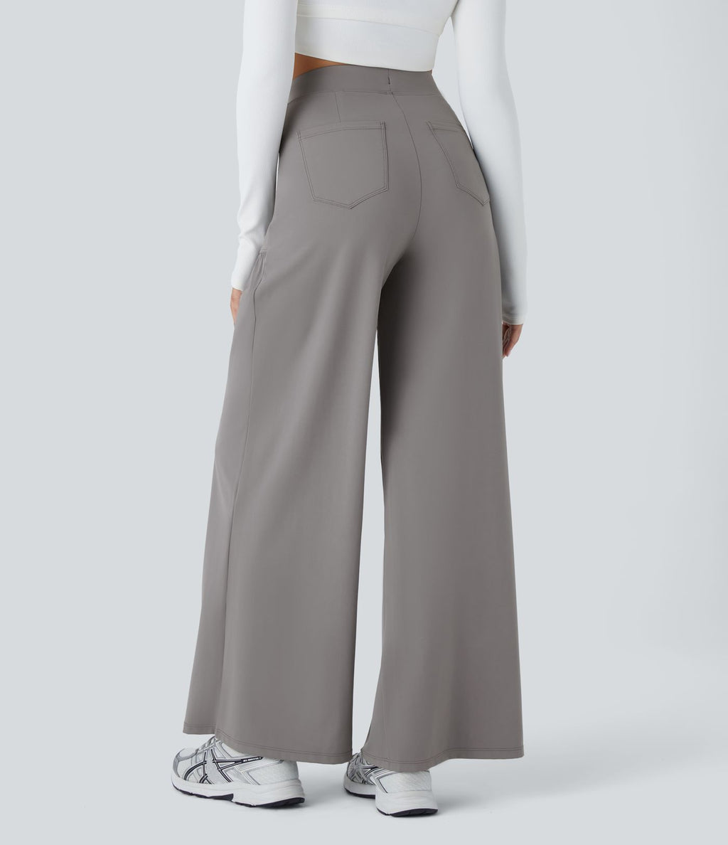 Pantalon Large Yoga Taille Haute avec Cordon de Serrage Plusieurs Poches et Plis