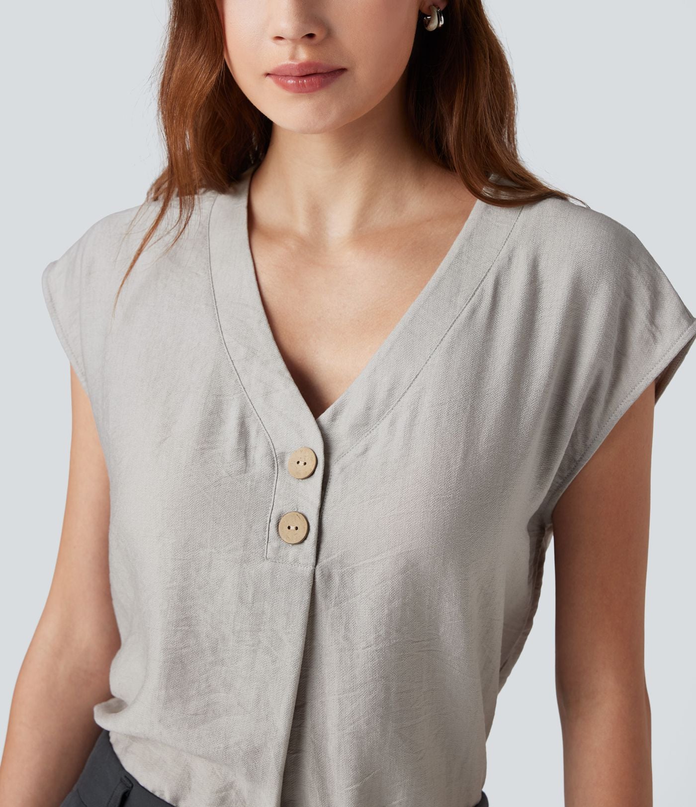Blouse de Travail Col V Manches Courtes avec Boutons Décoratifs