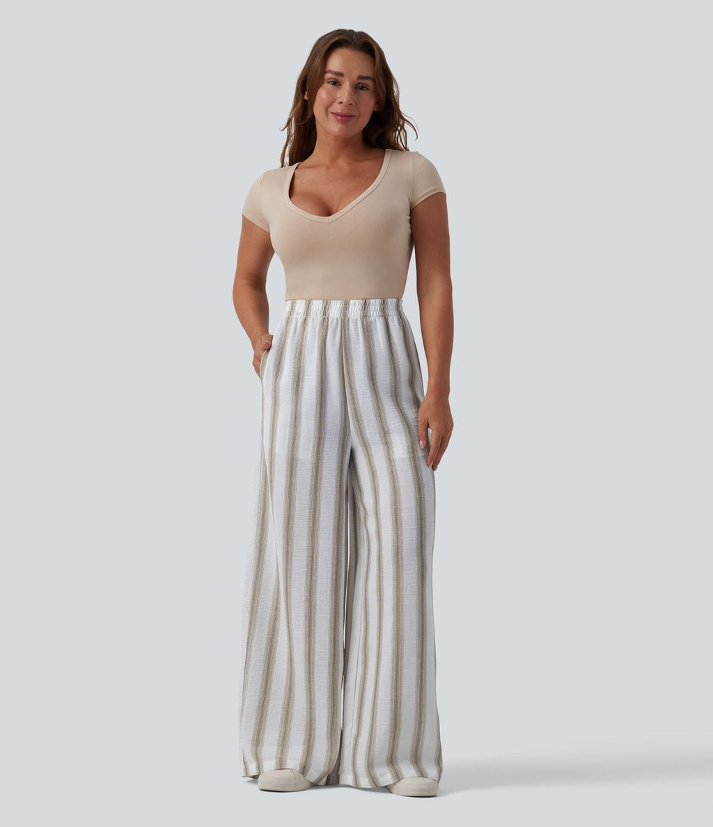 Pantalon casual ample taille haute aspect lin à rayures avec poches