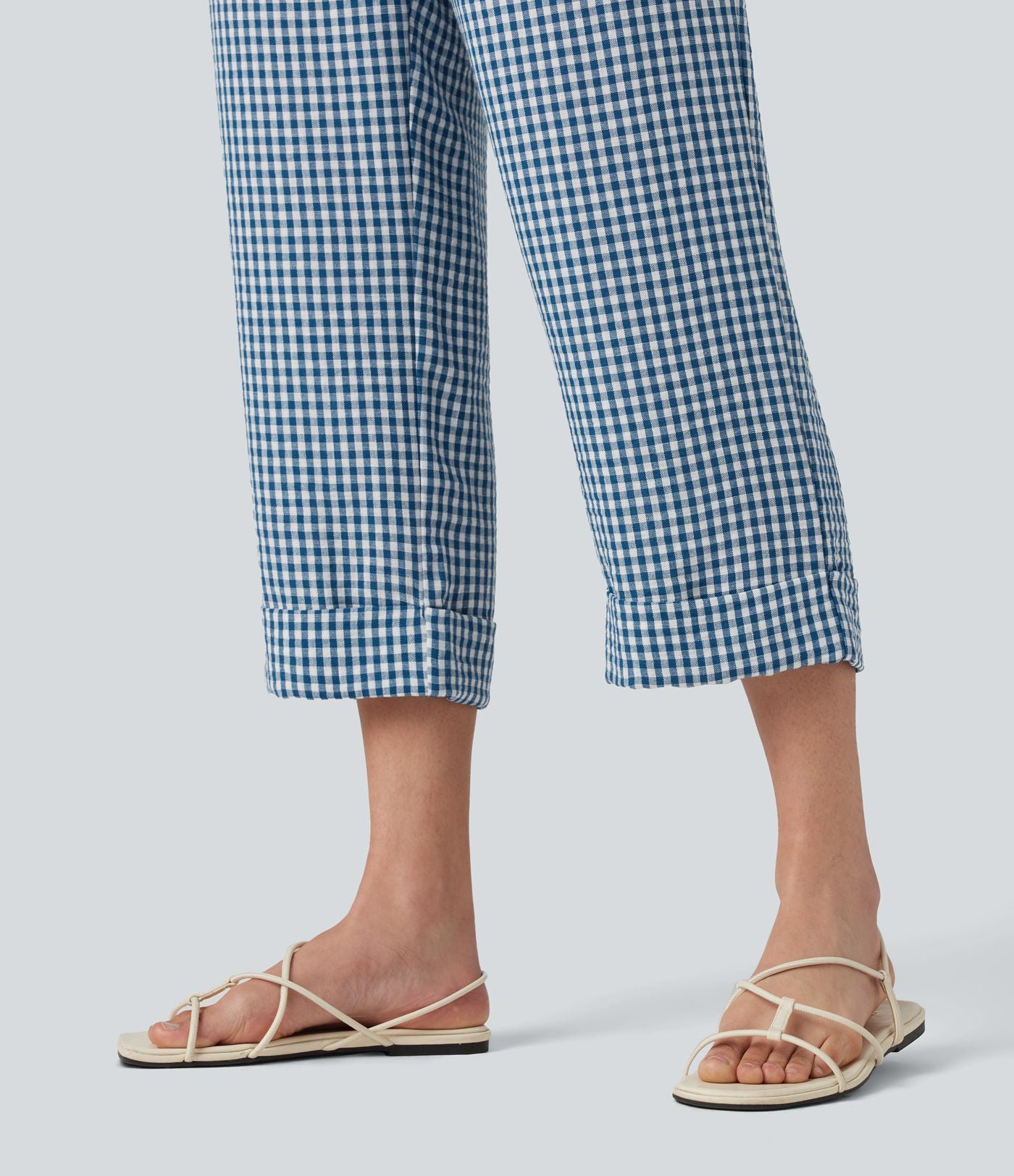 Pantalon 7/8 décontracté aspect lin à carreaux taille haute avec poches