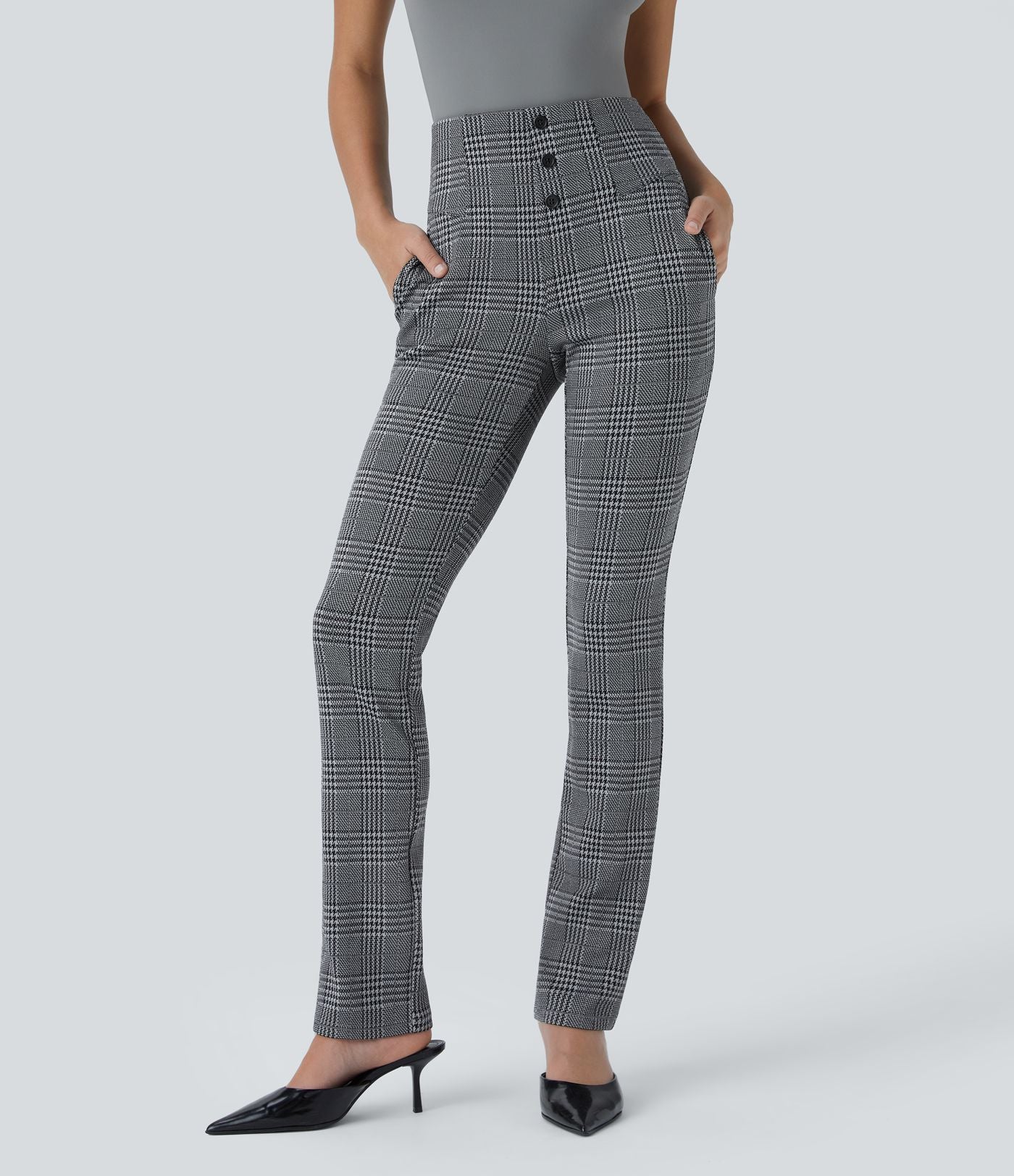 Halara Flex™ Pantalon tailleur Cintrés à Taille Haute avec Boutons Décoratifs Poches Latérales et Imprimé Pied-de-Poule