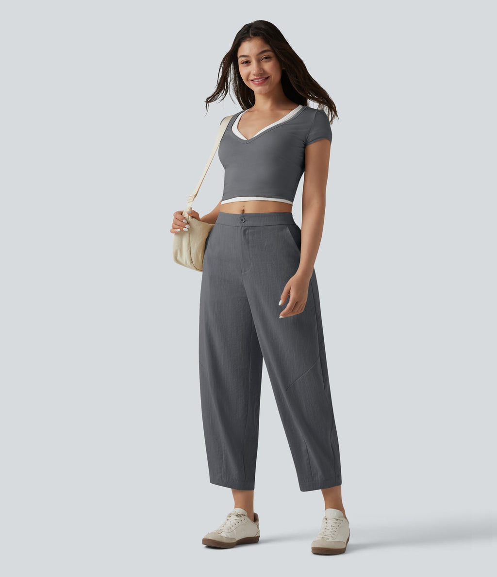 Pantalon casual taille mi-haute coupe tonneau aspect lin, avec poches