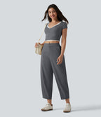 Pantalon casual taille mi-haute coupe tonneau aspect lin, avec poches