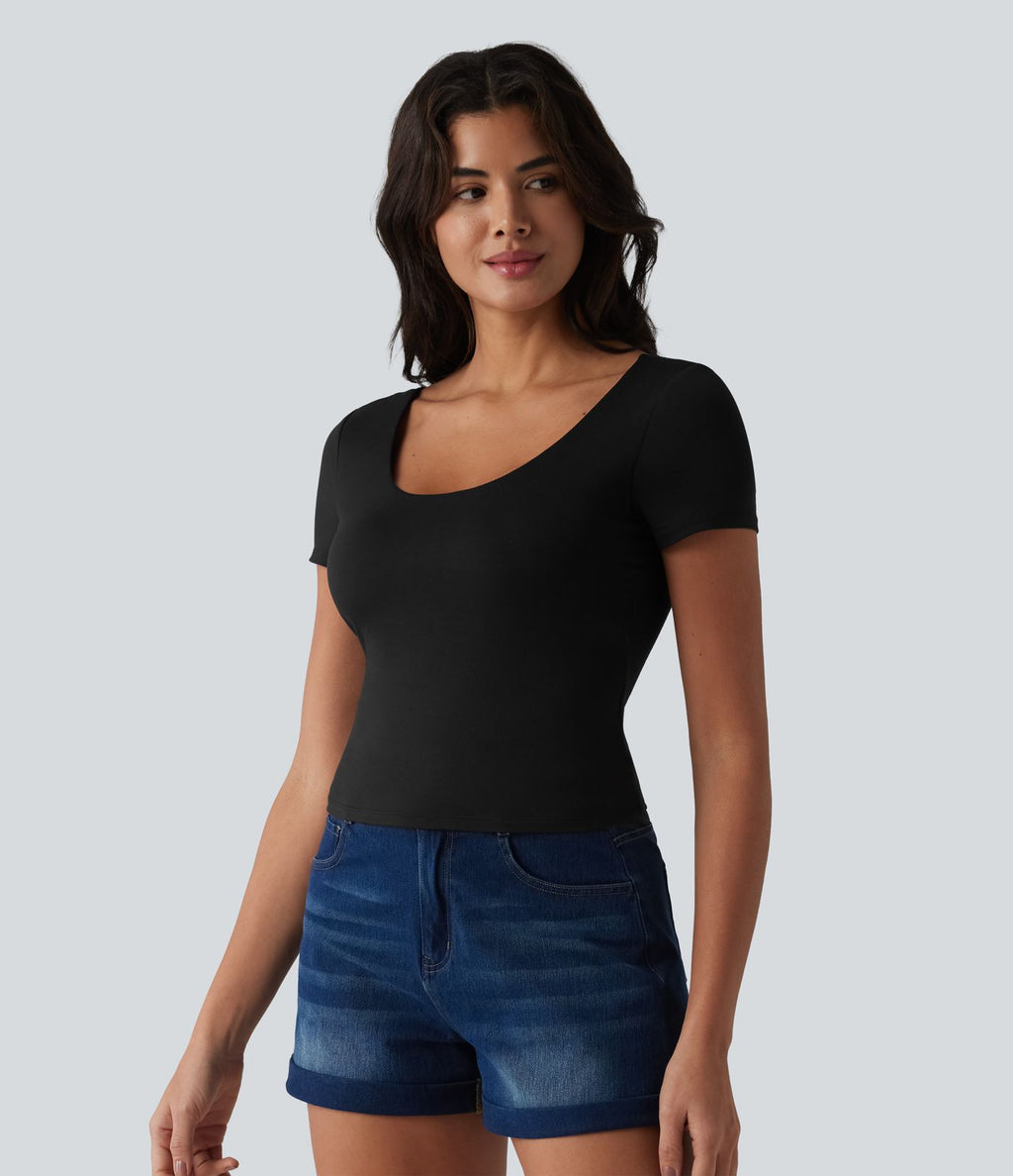 T-shirt casual col U manches courtes avec soutien-gorge intégré, dentelle contrastante et dos à nouer