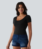 T-shirt casual col U manches courtes avec soutien-gorge intégré, dentelle contrastante et dos à nouer