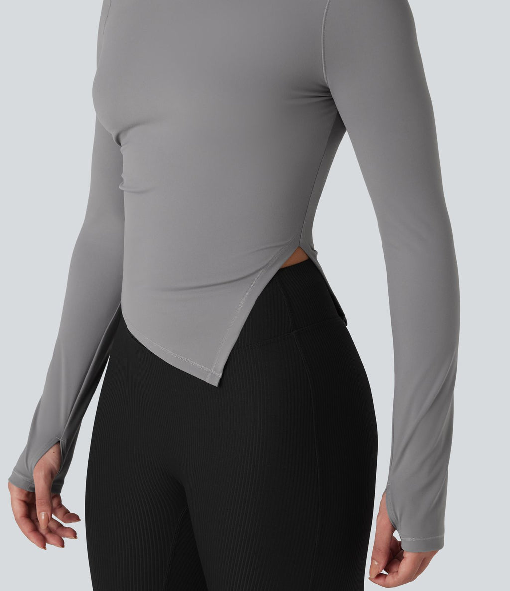 Top de sport yoga col rond ourlet asymétrique fendu manches longues avec trous pouces