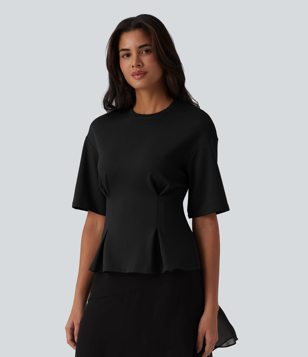 Blouse casual col rond taille cintrée à basque