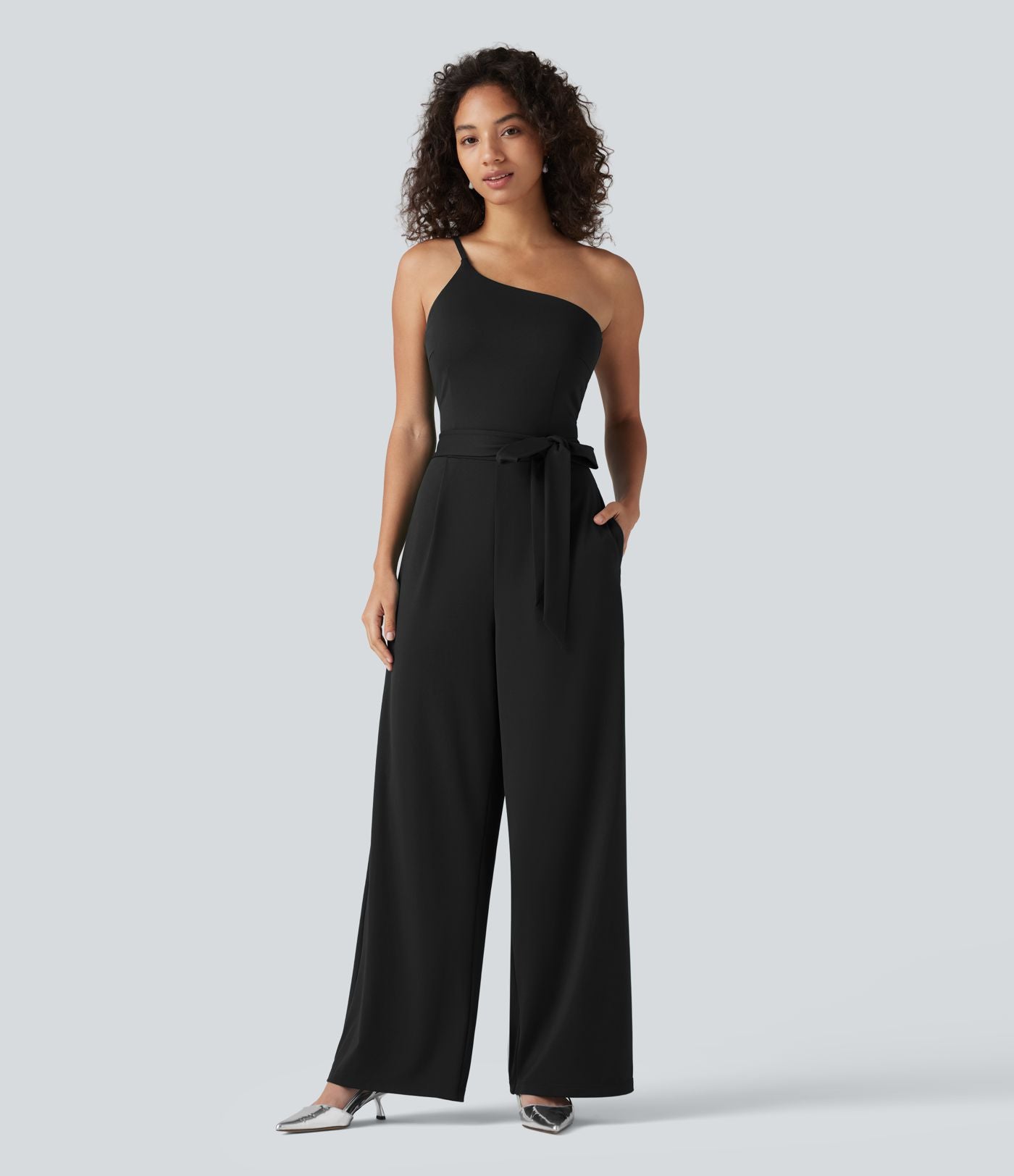 Combinaison de soirée asymétrique sans manches, ceinturée, avec soutien-gorge intégré et poches - Easy Peazy
