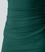 Robe corset midi moulante ruchée à encolure carrée, dos nu, brassière intégrée