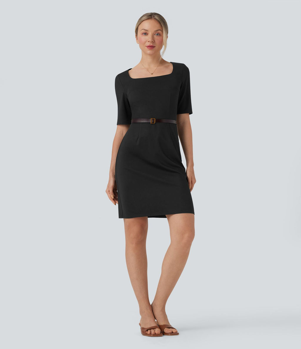 Robe crayon de travail ajustée décolleté carré à demi-manches