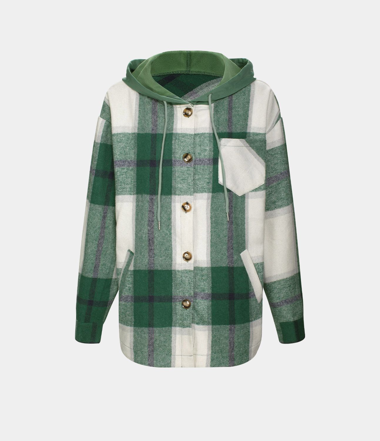 Veste de Casual à Carreaux en Polaire à Capuche avec Cordon de Serrage Boutons et Poches Latérales