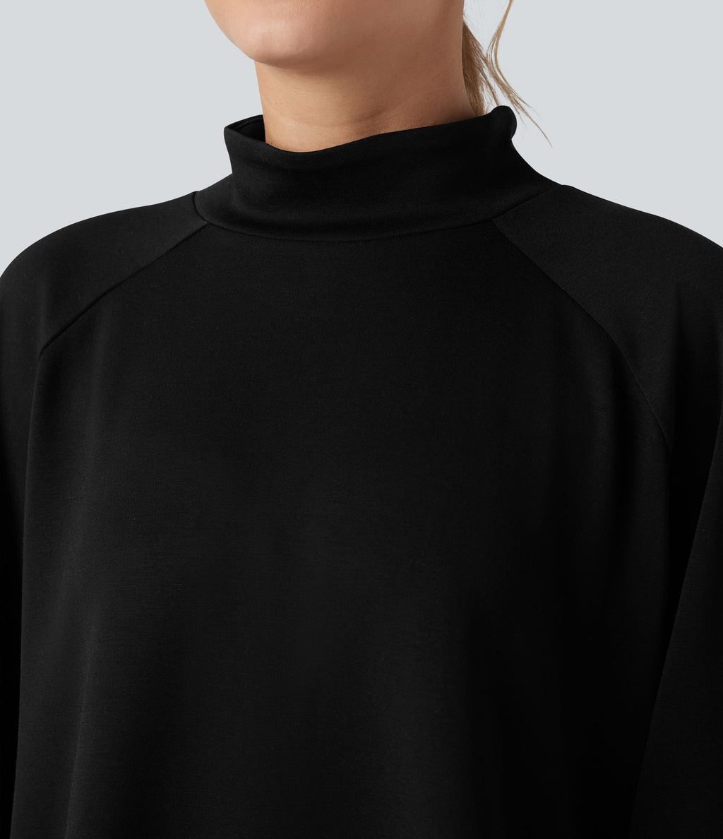 Sweat-shirt col montant à manches longues ourlet asymétrique avec poche