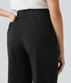Pantalon large fluide court décontracté taille haute en lin stretch avec poches