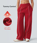 Pantalon large fluide polaire color block double ceinture gainant taille haute avec poches
