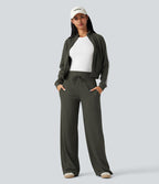 Pantalon jogging large décontracté côtelé gainant taille haute avec cordon de serrage et poches