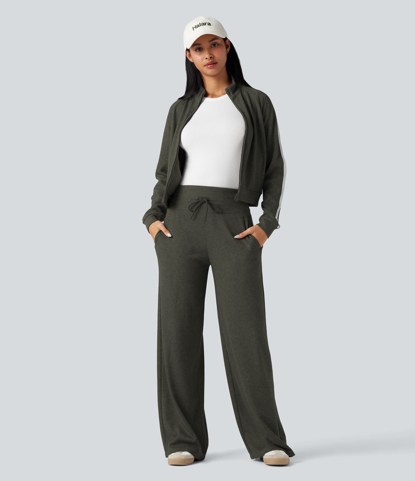 Pantalon jogging large décontracté côtelé gainant taille haute avec cordon de serrage et poches