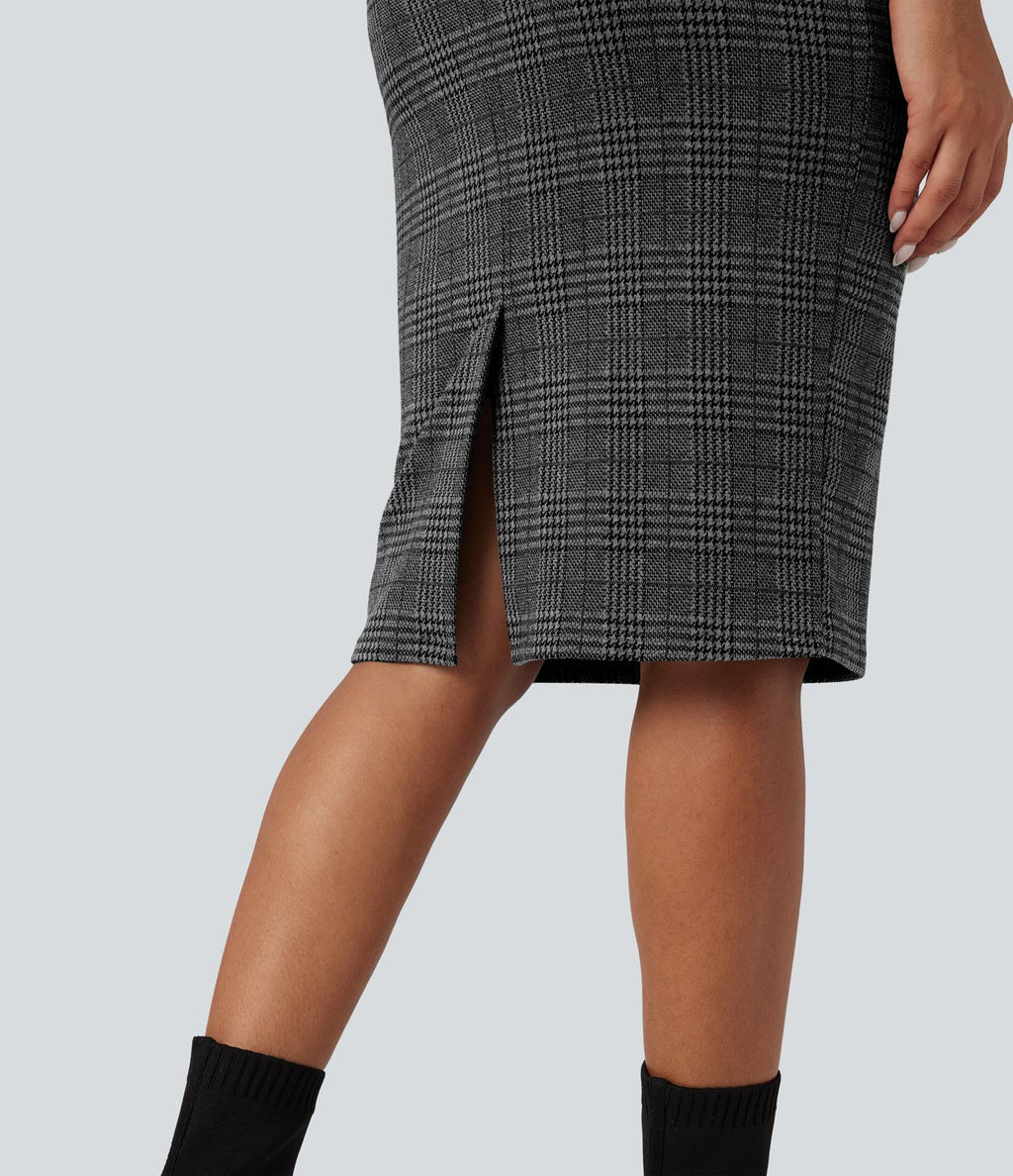 Jupe tailleur moulante pied-de-poule à carreaux longueur genou taille haute