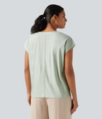 Blouse décontractée col V à mancherons en coton et lin