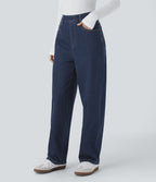Jean ample délavé taille haute en maille extensible avec poches multiples