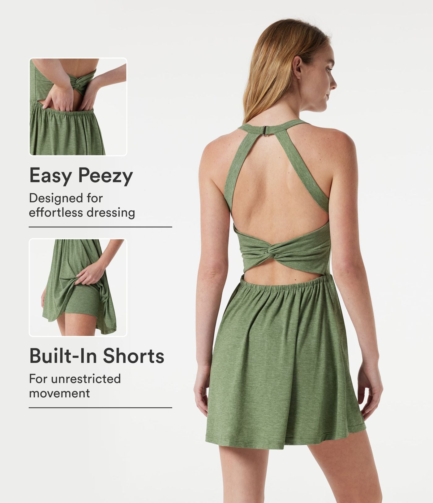 Robe mini casual fluide 2-en-1 col U avec brassière intégrée et poches — Édition Easy Peasy