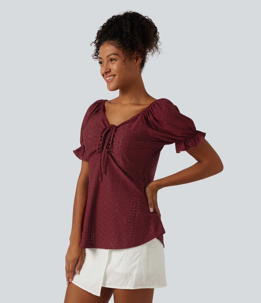 Blouse décontractée col V manches courtes bouffantes lacée ajourée