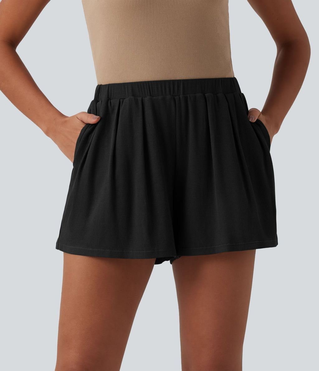 Short tailleur casual ample taille mi-haute côtelé maille avec poches