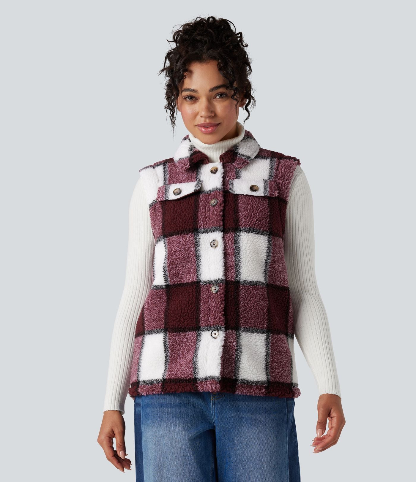 Gilet sherpa à carreaux ourlet arrondi