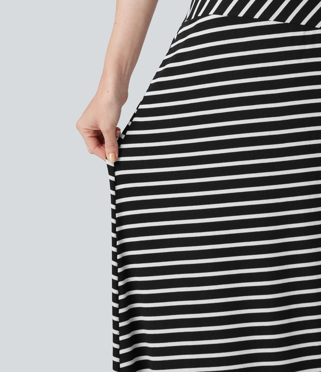 Robe longue décontractée à rayures, asymétrique, sans manches, en maille côtelée, avec poche