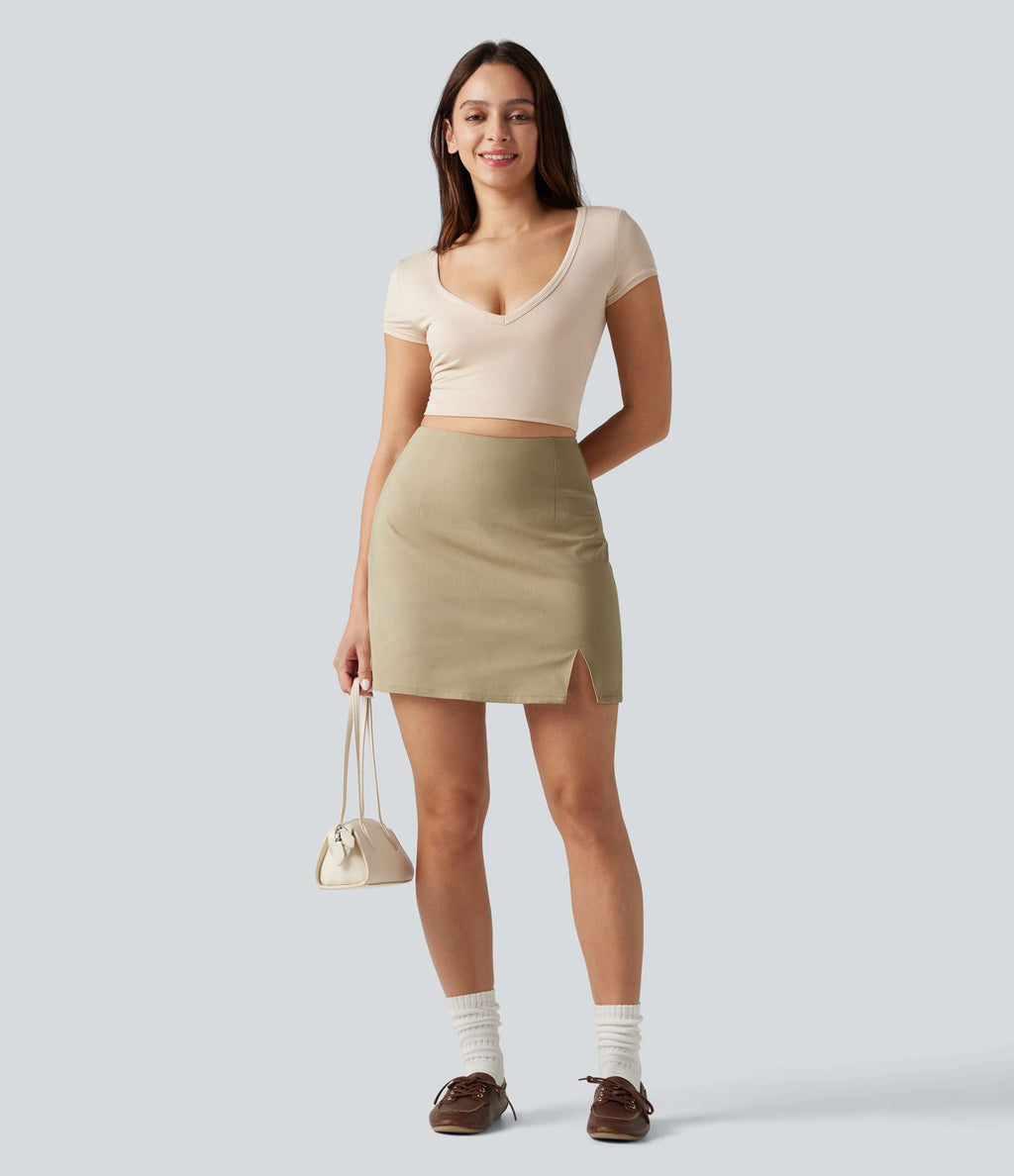 Jupe décontractée taille haute en lin extensible 2-en-1 avec fermeture éclair invisible et fente