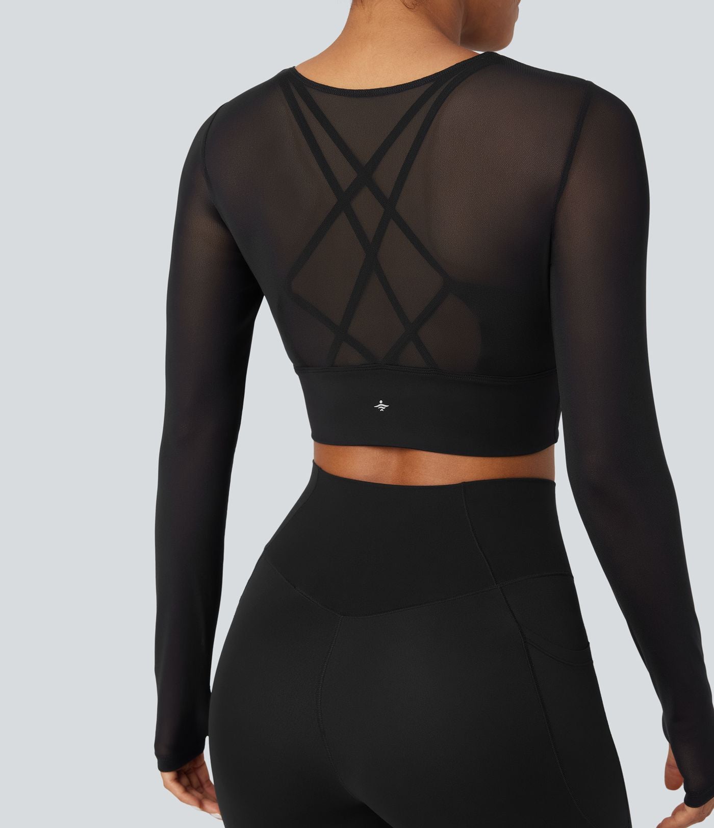 Haut de sport yoga cropped 2-en-1 manches longues mesh contrastant à trous pouces