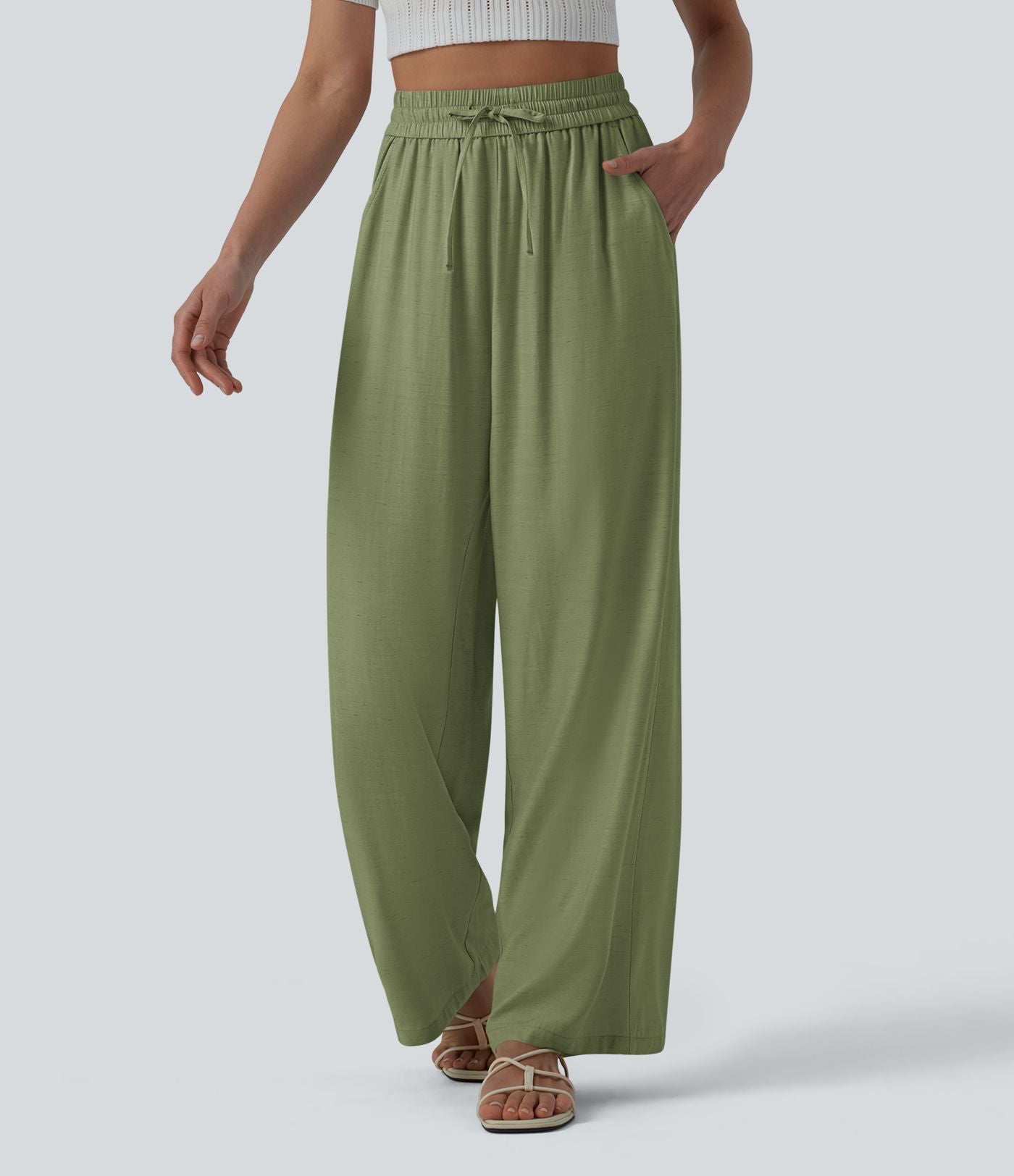 Pantalon casual large mélange lin taille haute avec cordon de serrage et poches