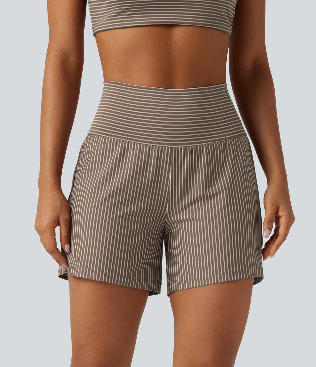 Short de yoga 2-en-1 à rayures, taille très haute, 12,5 cm, à poches