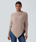 Pull cape décontracté col roulé manches chauve-souris ourlet asymétrique