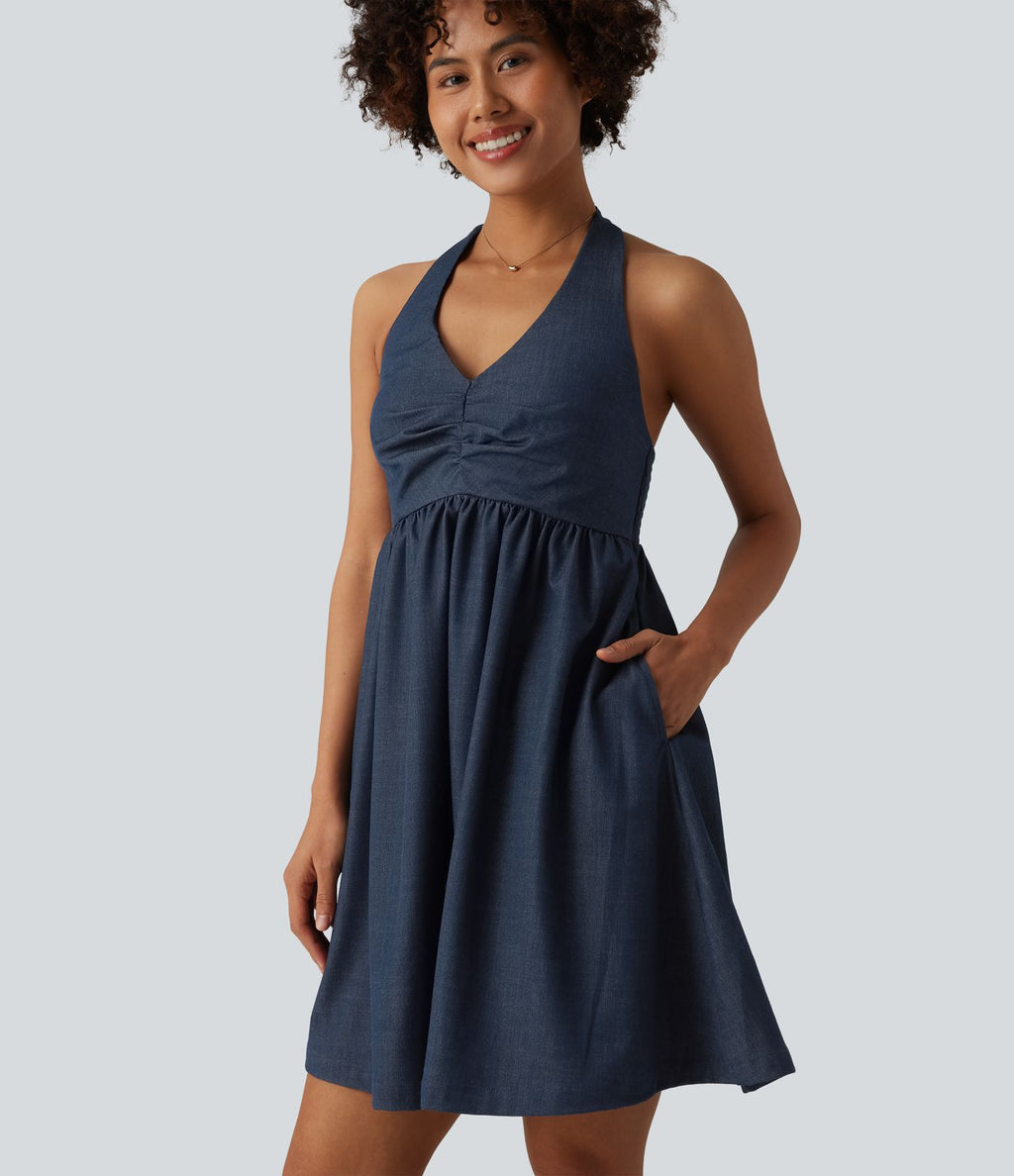 Robe resort dos-nu dos nu à smocks aspect jean avec poches