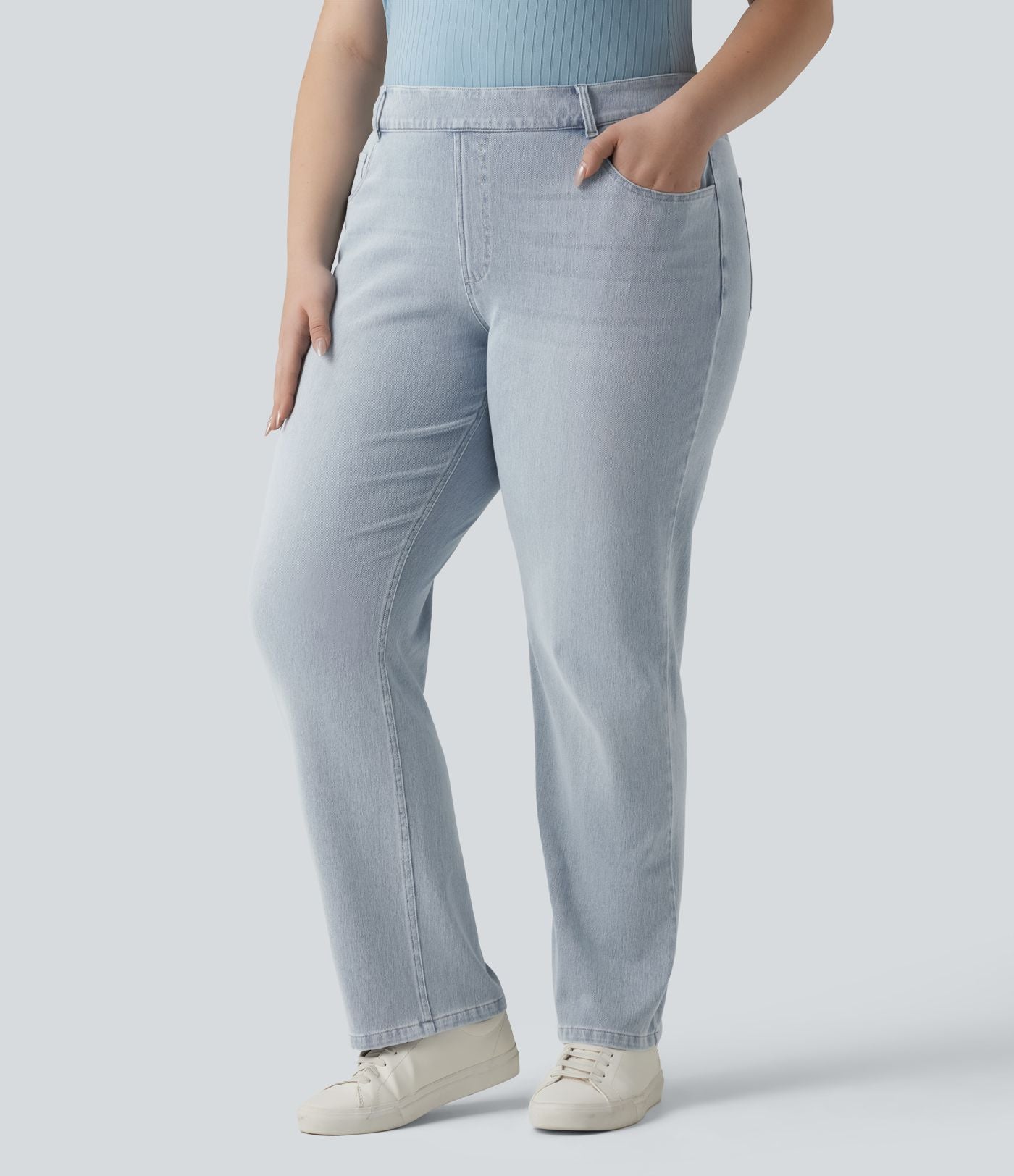 Jean décontracté Halara Flex™ grande taille, taille haute, multiples poches, jambes droites, effet délavé, en maille extensible
