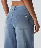 Halara Flex™ Jean Large Casual Taille Basse avec Boutons Zip Multiples Poches Lavés Élastiques et Tricotés