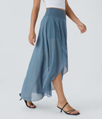 Jupe Longue Fluide Taille Haute à Volants 2 en 1 Poche Latérale Évasée en Mesh Casual Quotidien