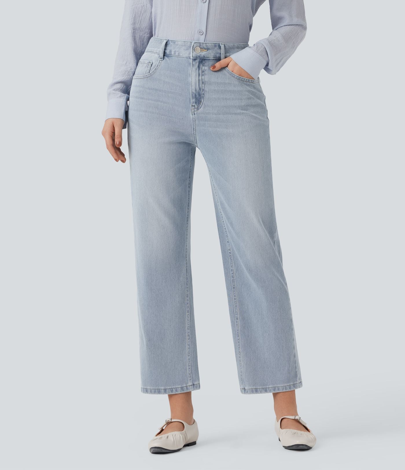 Jean 7/8 décontracté délavé taille haute coupe droite Halara Flex™ avec poches