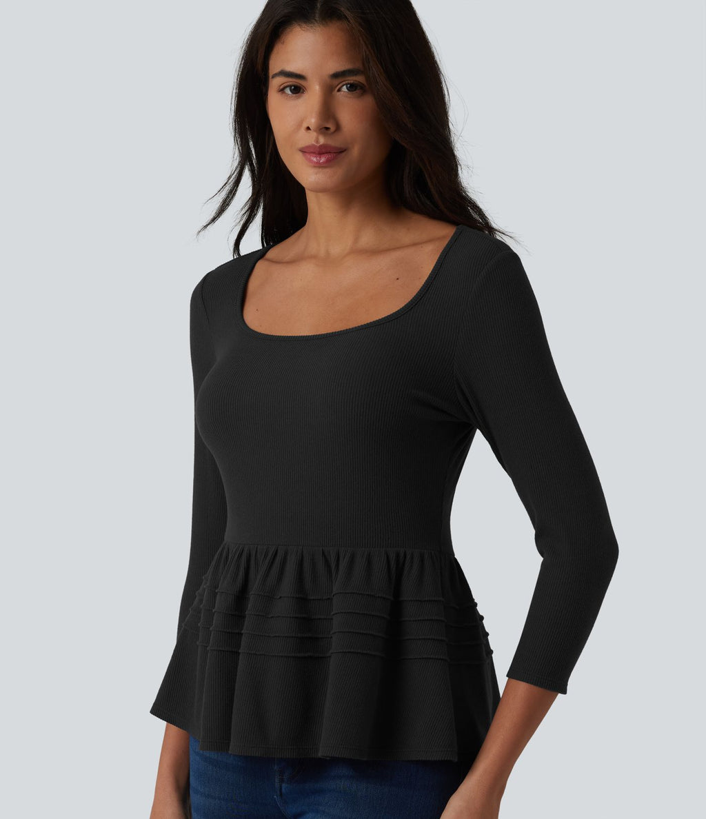 Haut babydoll décontracté en maille côtelée col en U manches 3/4