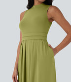 Robe longue décontractée sans manches à col montant, coupe évasée et poches latérales