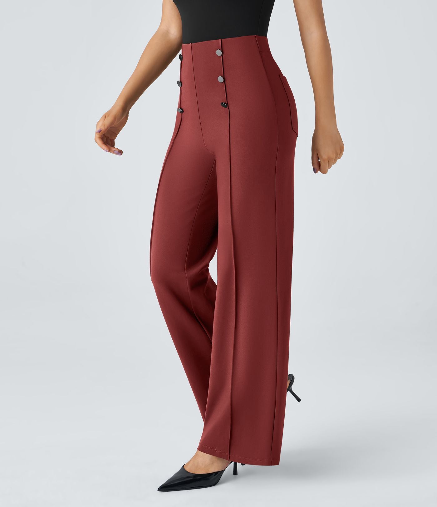 Pantalon Tailleur Large Taille Haute avec Bouton et Poches