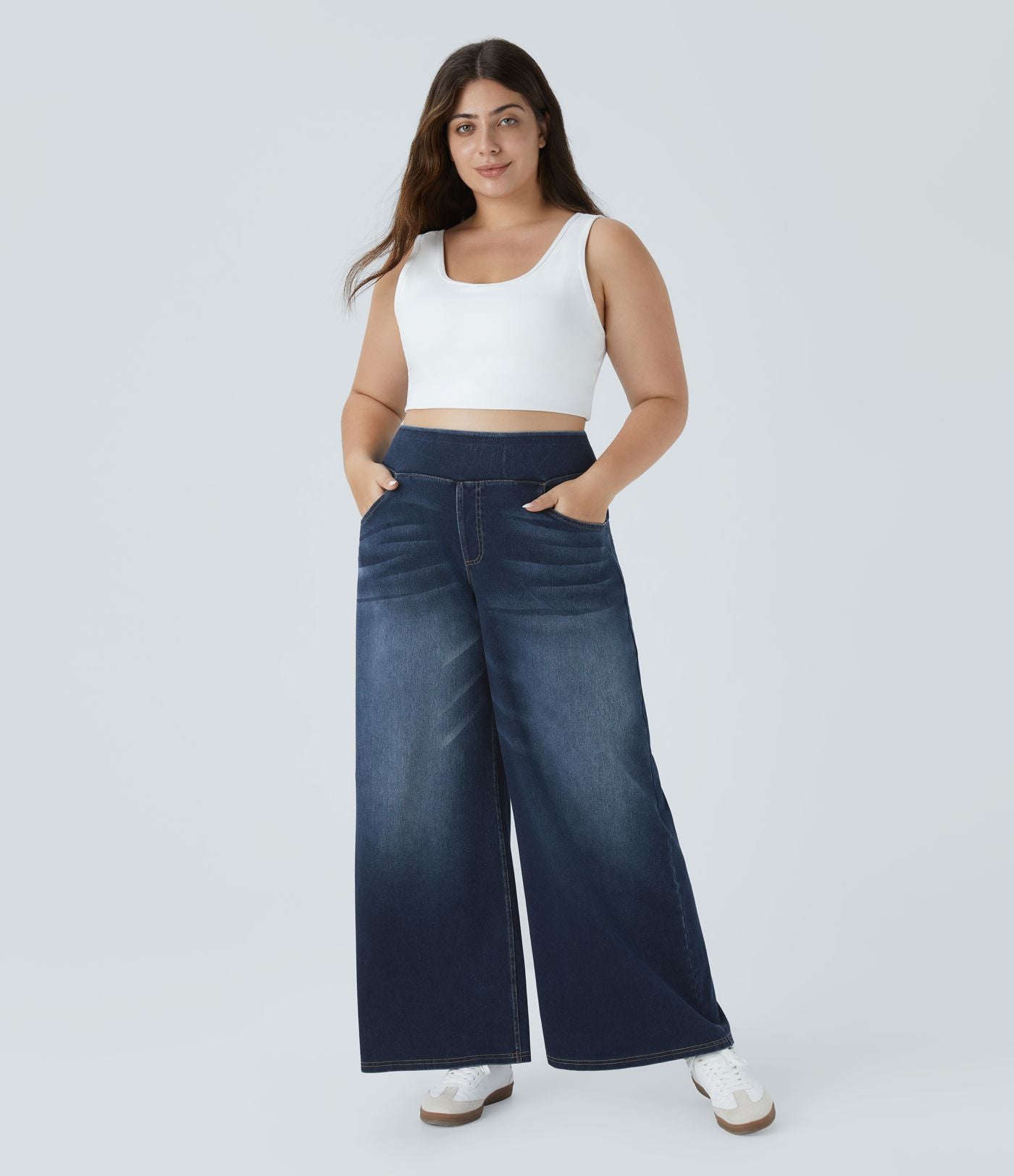 Halara Flex™ Jeans Larges Casual Taille Haute Multiples Poches Lavés Élastiques et Tricotés Grande Taille