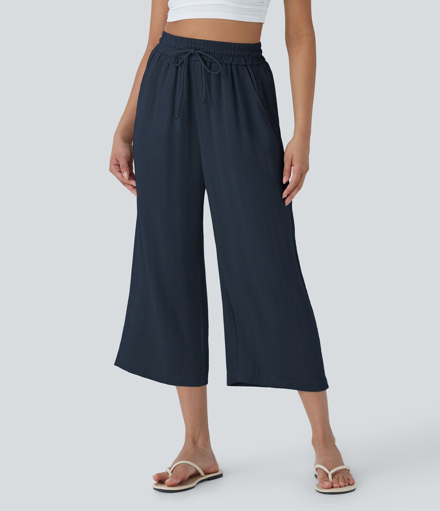 Pantalon décontracté aspect lin 7/8 à taille haute, jambe large avec cordon de serrage et poches latérales