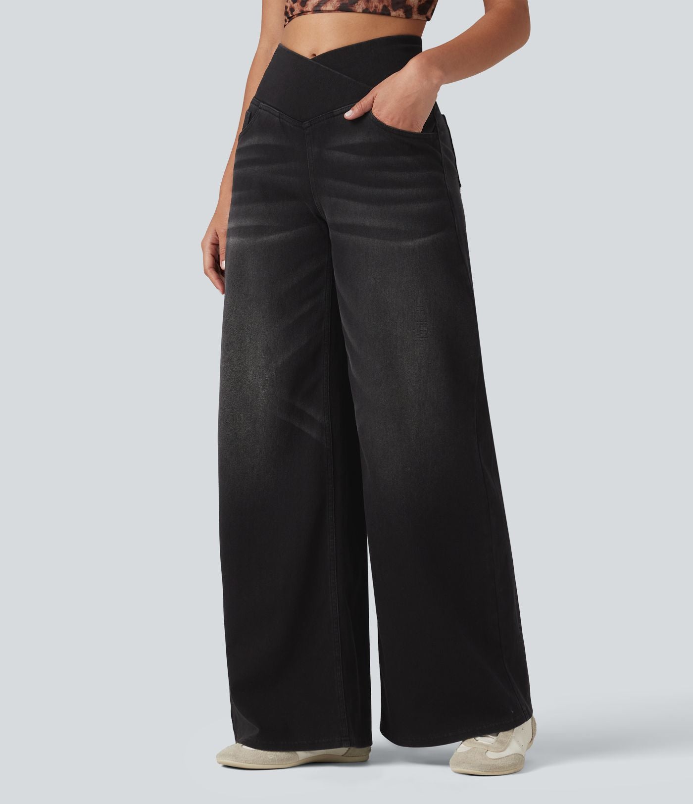 Halara Flex™ Jean large casual taille haute croisée ventre plat, avec poches