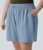 Short casual aspect lin grande taille taille haute avec cordon de serrage et poches