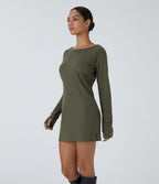Robe Sweatshirt Casual Col Bateau Manches Raglan Avec Trous Pour Les Pouce Ourlet Fendu en Waffle